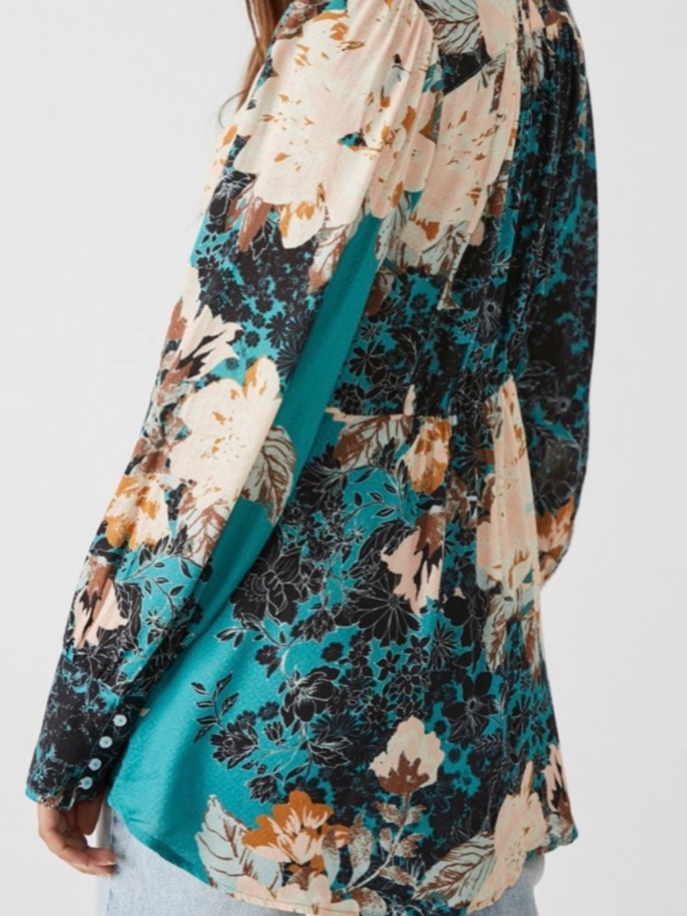 Free People Teal Floral Plunge Button-Down Top - Picture 3 of 7